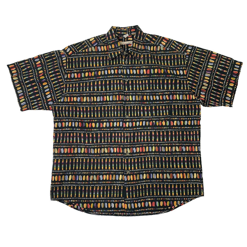 Vintage Haupt Shirt Mens XL Black Hawaiian Short Sleeve Geo Tribal Bar Casual